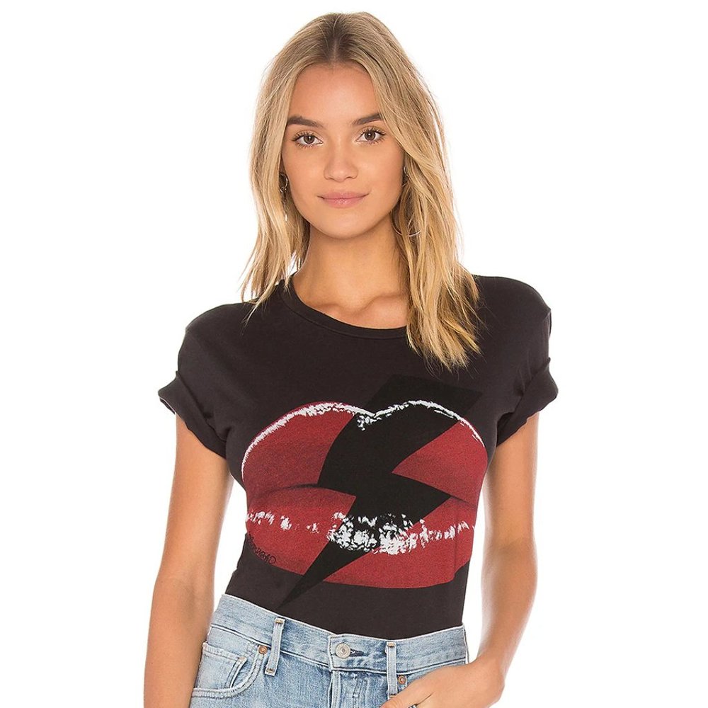 Lauren Moshi Black Short Sleeve Tee with Red Graphic Lips